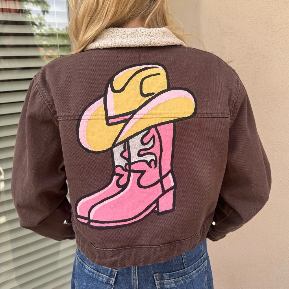 Hand painted denim jacket with fun cowgirls design